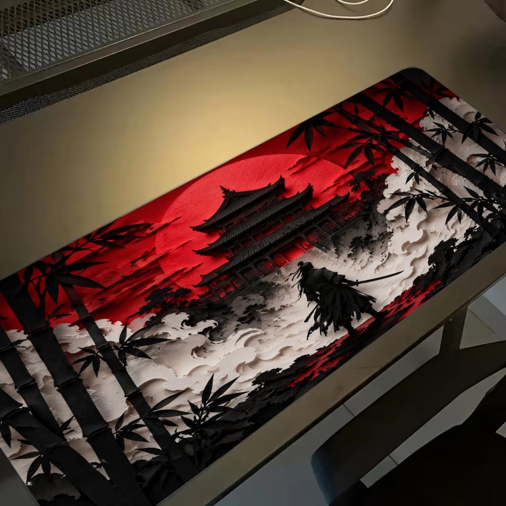 Desk Setup Red - Tapis de souris Samurai Red Moon,